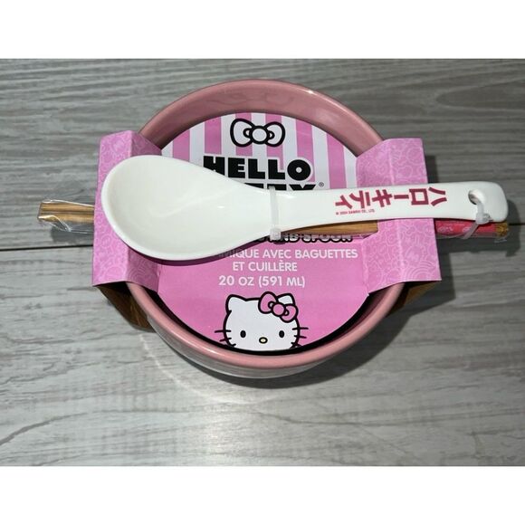 Hello Kitty By Sanrio Ceramic Noodles Bowl with Chopsticks & Spoon 20oz BrandNew - Picture 2 of 8